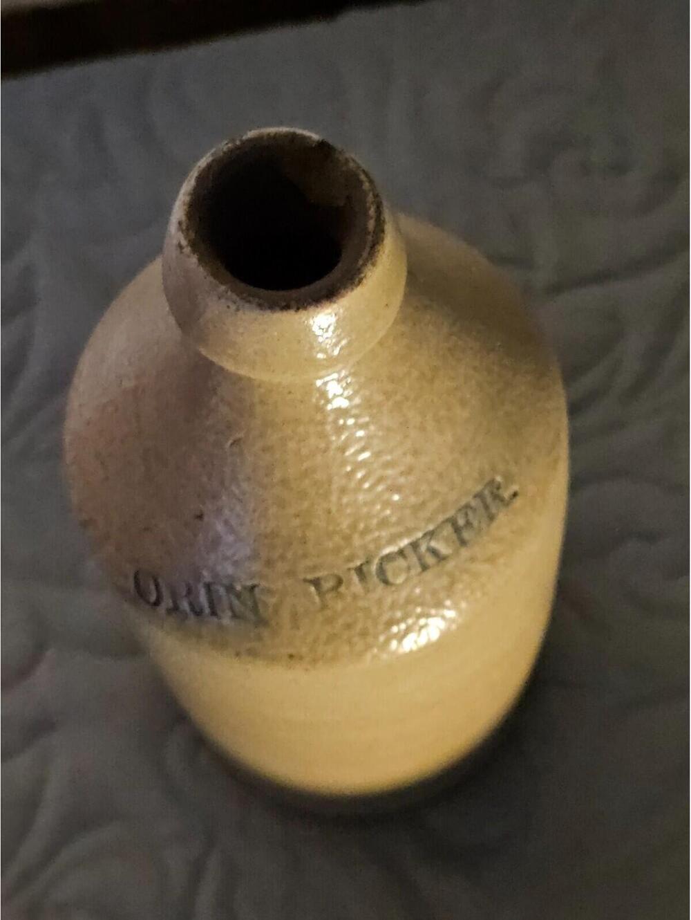 Antique Salt-Glazed Stoneware Bottle – 1800s Merchant Jug “ORIN PICKER” – 10” Wh